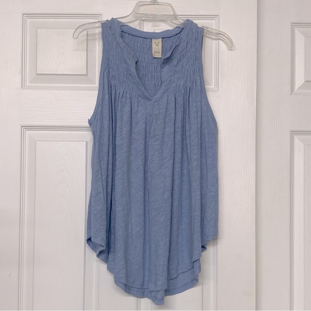 Free People We The Free Linen Blend Oversize Loose Fit Flowy Smocked Blue Top XS